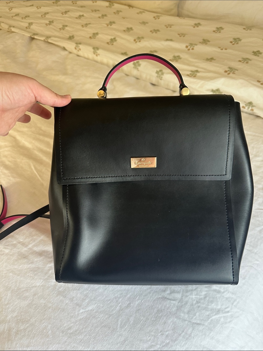 kate spade Black Leather Backpack with Pink-Trim Top Handle